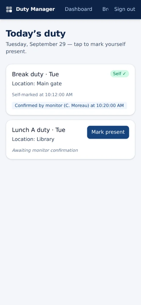 Teacher marking themselves present for duty on a phone